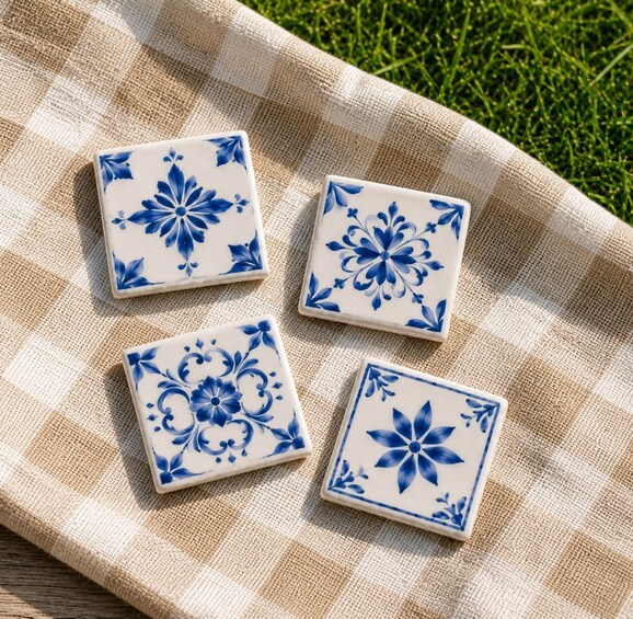 Four square tiles with blue floral patterns on a beige and white checkered cloth. 1
