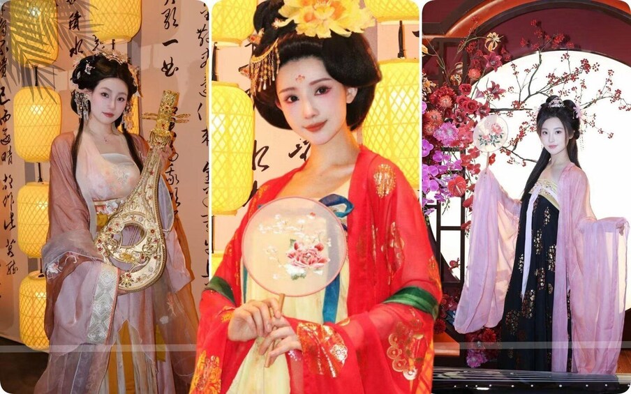 A person in traditional attire with a fan, surrounded by lanterns and floral decorations. 5