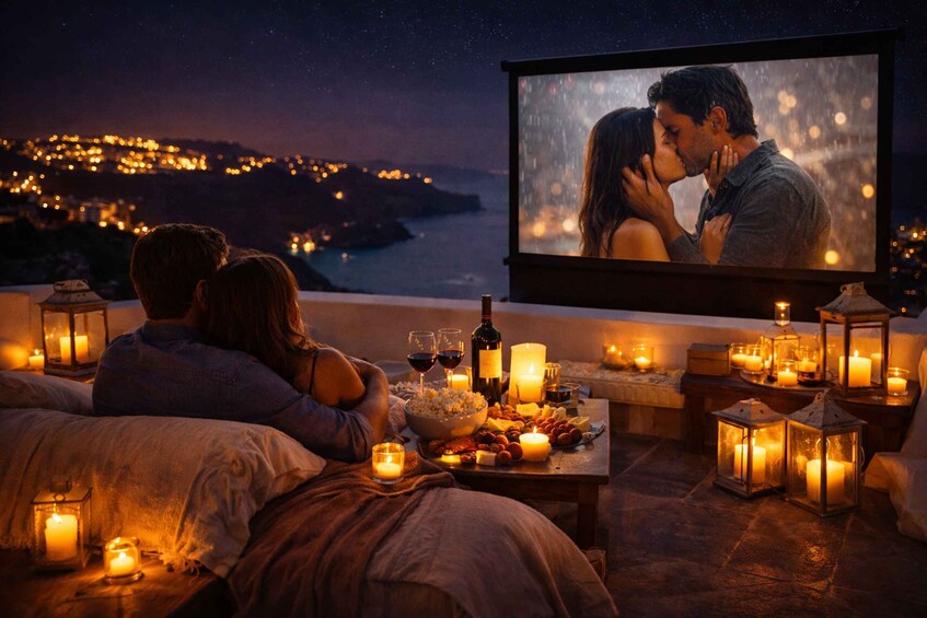 A couple watching a movie on a balcony with candles and snacks. 1