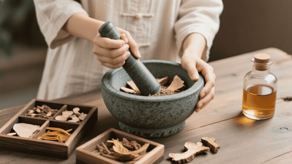 A person grinding herbs in a mortar and pestle, with wooden boxes of herbs and a bottle of oil on a wooden table. 4