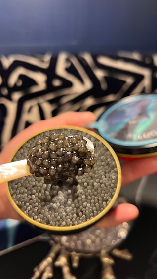 A spoonful of black caviar on a textured plate. 4