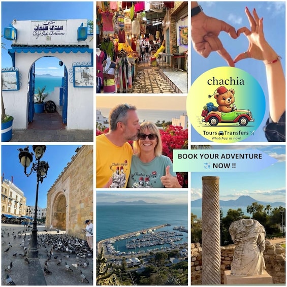 A coastal town with a café, a bustling market, a statue, a harbor, and a couple embracing. 1