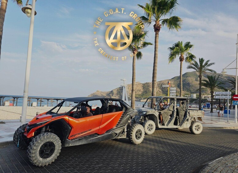 A red off-road vehicle and a white utility vehicle on a paved road with palm trees and a mountainous background. 4