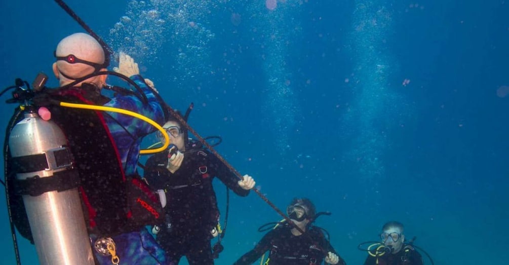 A diver with a scuba tank and a diver in the background. 1