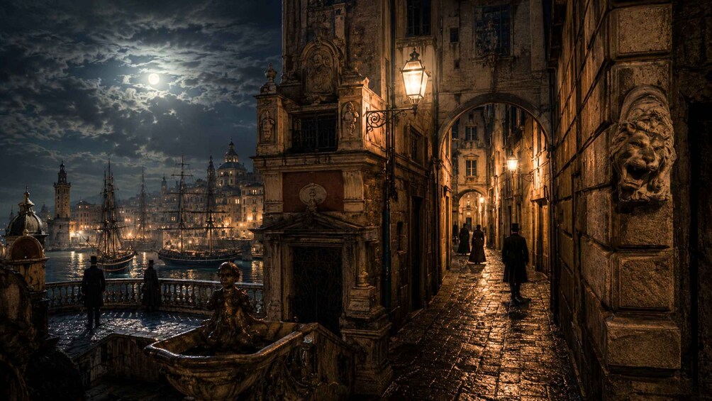 A nighttime cityscape with a canal, historic buildings, and a moonlit sky. 1