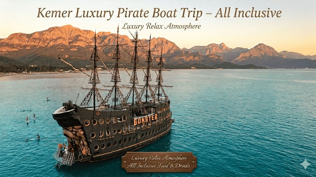 A pirate ship named 'GONSTER' on calm waters with mountains in the background. 2