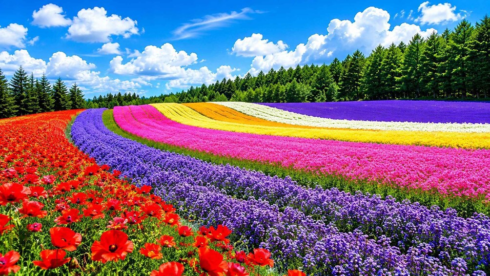 A vibrant flower field with distinct color bands and a forest in the background. 1