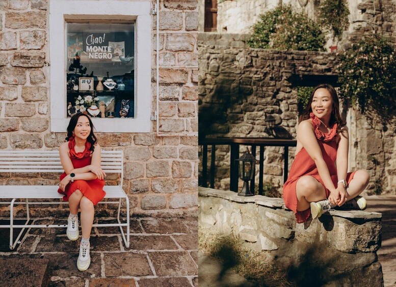 A stone building with a bench and a person sitting on a stone ledge. 2