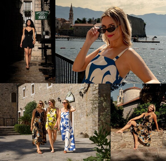 A woman in a black dress walking on a stone path, a coastal town with a church and sea view, and a woman in a blue dress sitting on a stone wall. 4