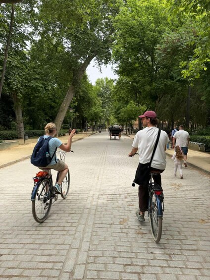 A paved pathway lined with trees, two cyclists, and a horse-drawn carriage in the distance. 4