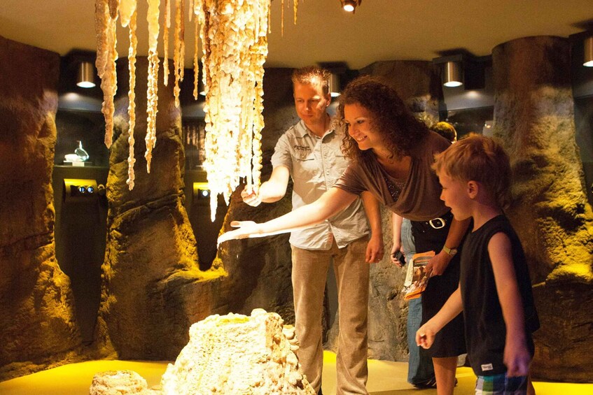 A family interacting with a cave exhibit featuring stalactites and a large rock formation. 4