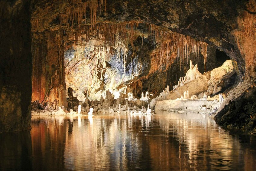 A cave with stalactites, a water pool, and rock formations. 1