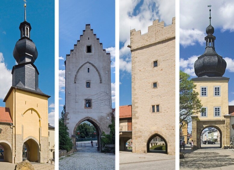 A church with a bell tower, a medieval gate, a fortress-like tower, and a building with a dome. 3