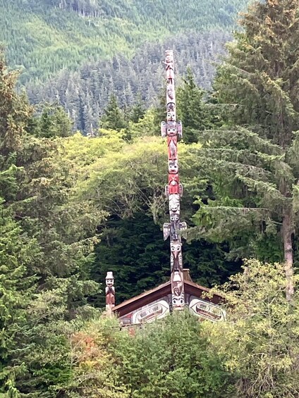 A totem pole in a forested area with a mountain backdrop. 2