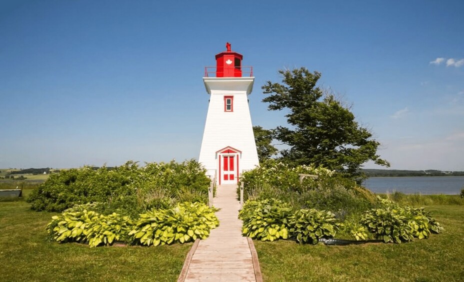 A white and red lighthouse with a red door, surrounded by greenery and a clear sky. 2