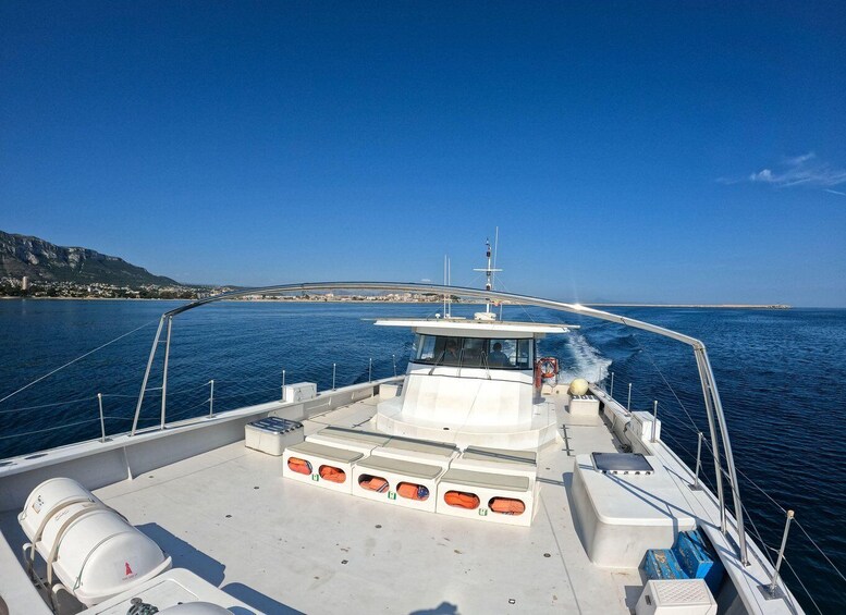 A boat on the water with a clear view of the coastline and a bridge in the distance. 3