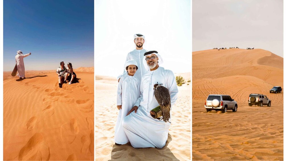 A desert landscape with people in traditional attire, a falcon, and off-road vehicles. 1