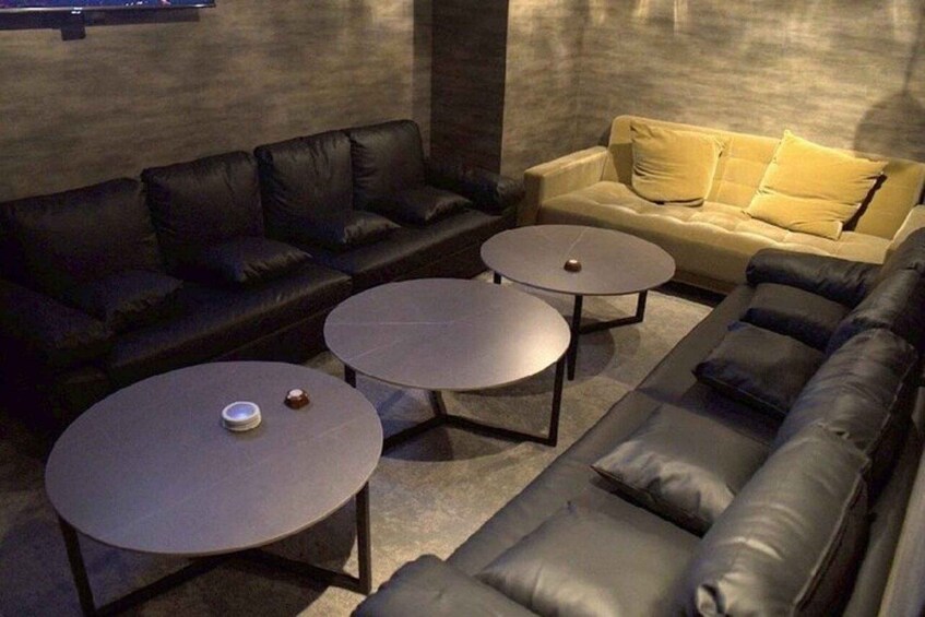 A modern living room with leather sofas, two round coffee tables, and a television mounted on the wall. 4