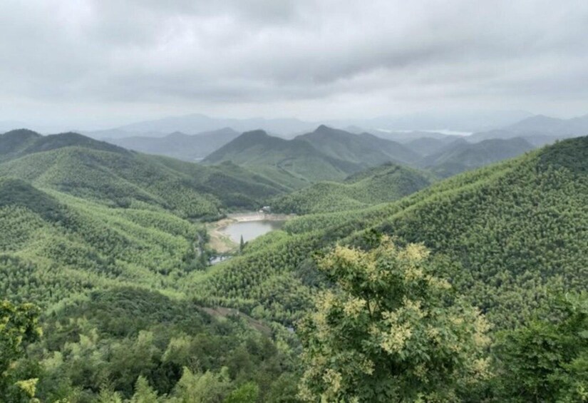 A mountainous landscape with dense forests and a lake. 4