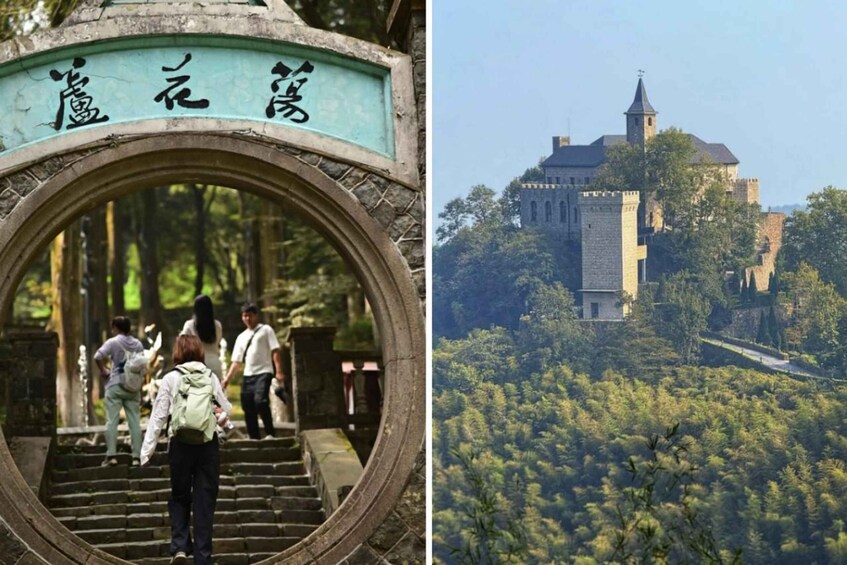 A stone archway with inscriptions, a forested area, and a castle on a hill. 2