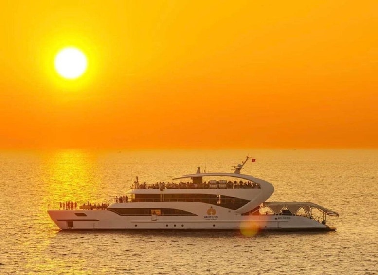 A large yacht with a unique design, sailing on calm waters during sunset. 5