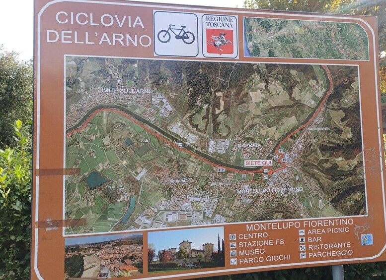 A cycling route map of Ciclovia dell' Arno with a red path, Montelupo Fiorentino area, and nearby towns like Sette Qui. 3