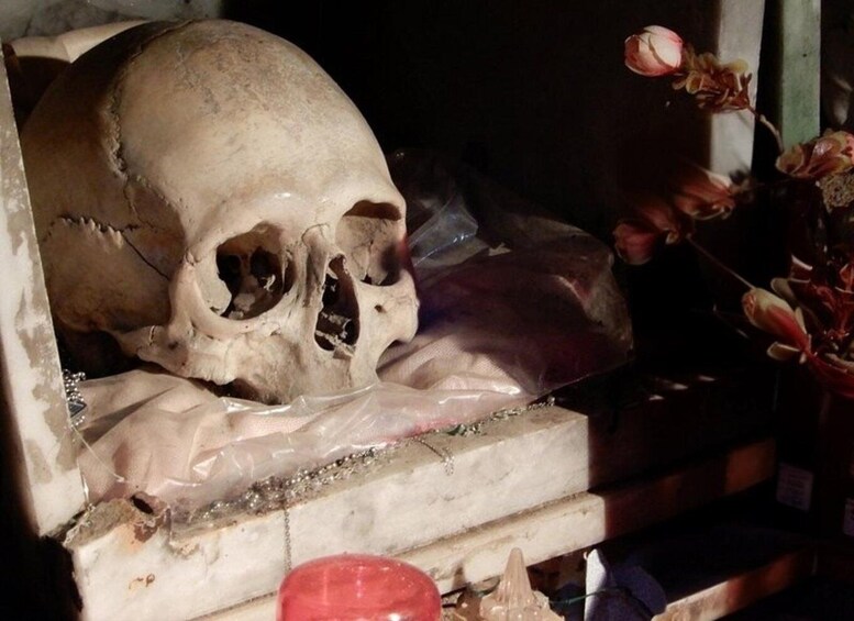 A human skull in a display case with flowers. 3
