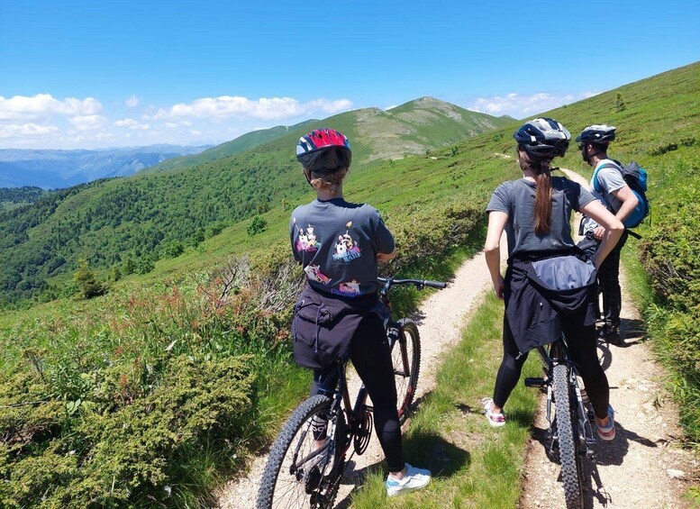 Three cyclists on a mountain trail with lush greenery and rolling hills in the background. 2
