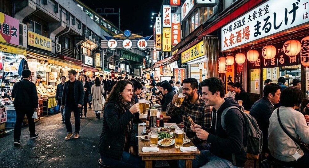 A busy street at night with people dining at outdoor tables, illuminated by street lamps and neon signs. 1