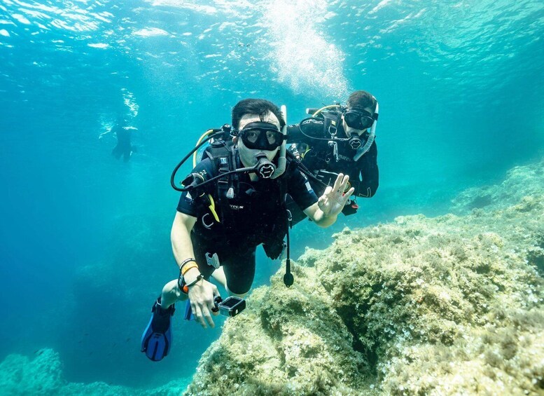 Two divers underwater with coral formations. 4