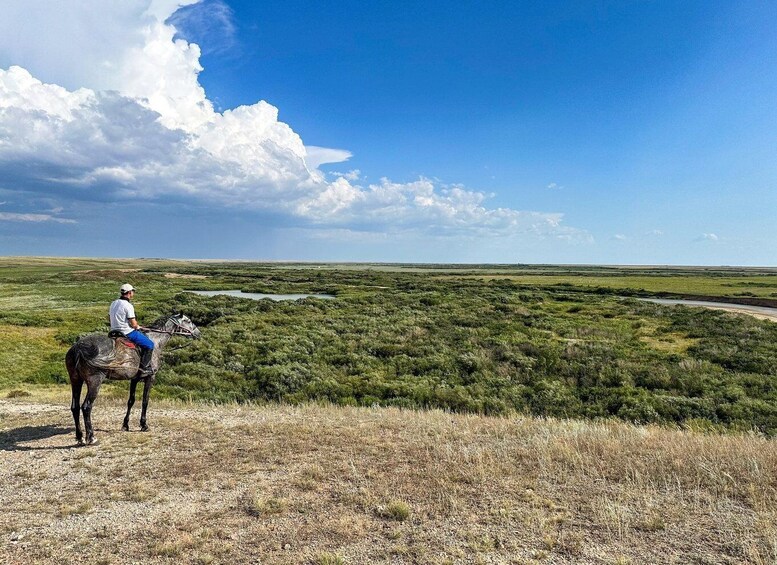 A person riding a horse across a flat landscape with sparse vegetation and a clear sky. 1