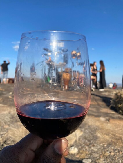 A hand holding a wine glass with red wine, set against a clear blue sky. 3