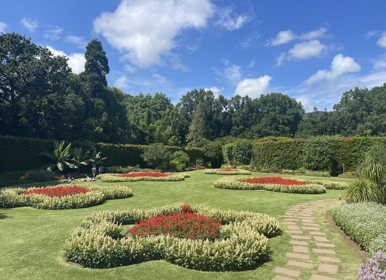 A well-manicured garden with geometric flower beds and a brick pathway. 5