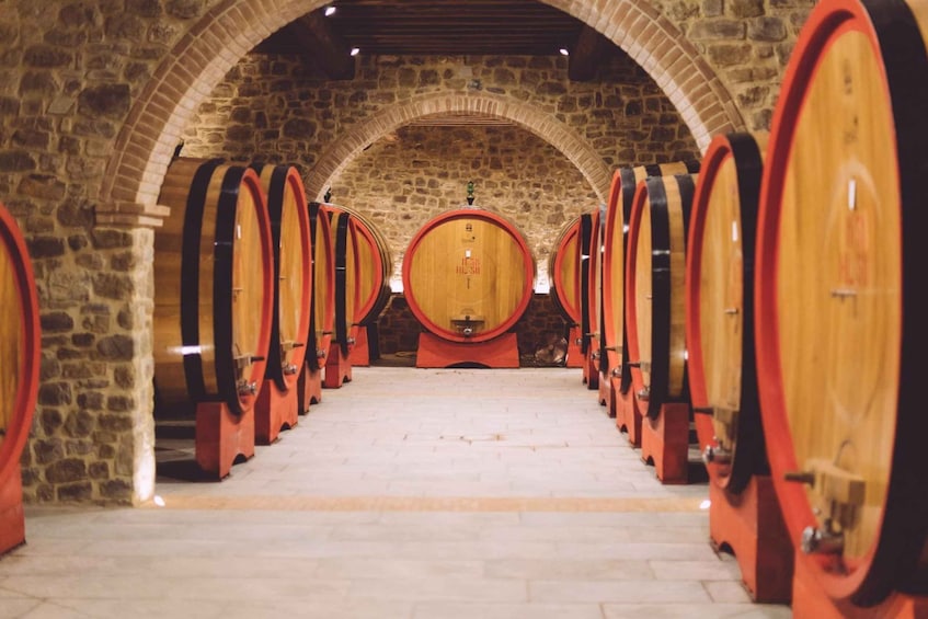A row of wooden wine barrels in a stone-walled cellar. 1