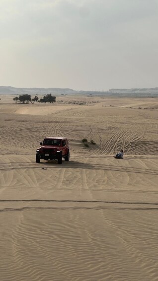 A red off-road vehicle in a desert with sand dunes and sparse vegetation. 5
