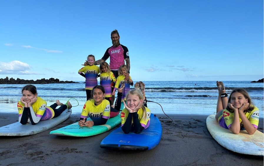 A group of people on surfboards at the beach. 2