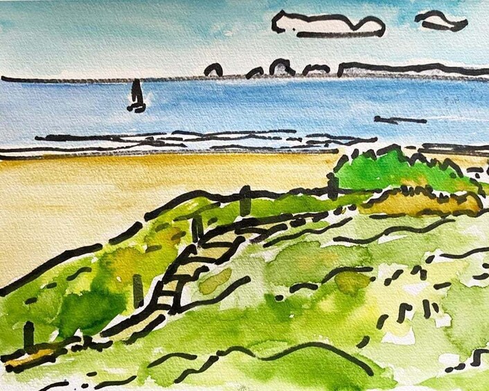 A beach landscape with a distant sailboat, greenery, and a clear sky. 5