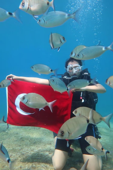 A person underwater surrounded by fish, holding a flag. 5
