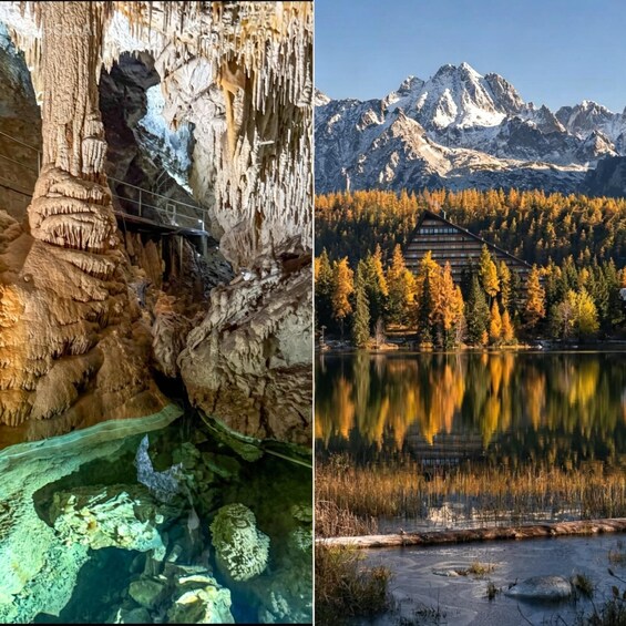 A cave with stalactites and a lake reflecting autumn trees and mountains. 1