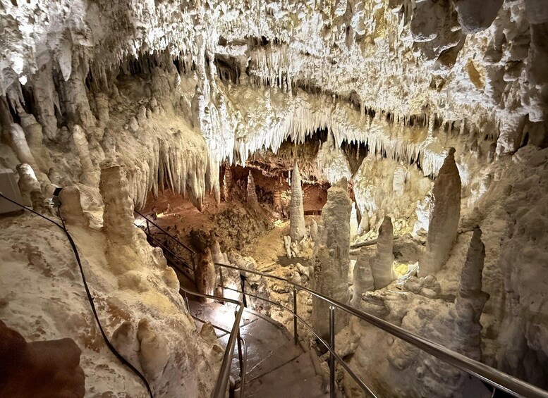 A cave with stalactites and stalagmites, a metal staircase, and a dirt floor. 5
