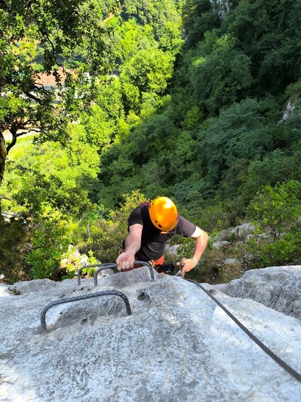 A person rappelling down a rocky cliff with a helmet and harness, surrounded by dense green foliage. 1