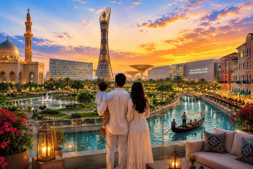 A couple overlooking a cityscape with a river, a mosque, and a modern tower. 1