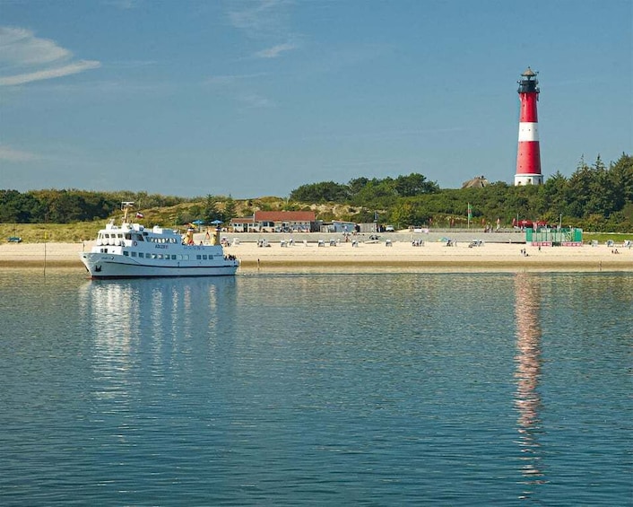 A white boat on calm water, a red and white lighthouse, and a sandy beach with buildings in the background. 3