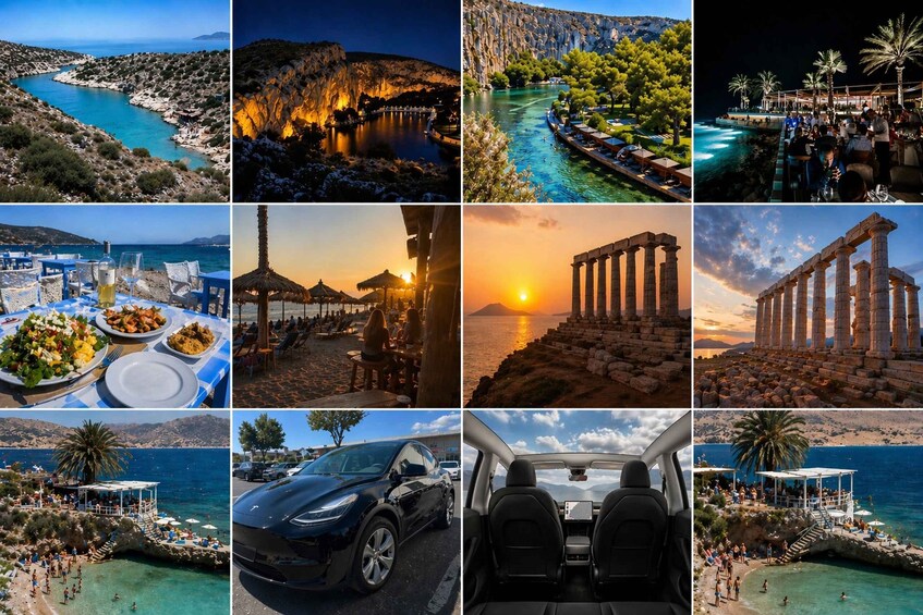 A coastal landscape with a turquoise bay, a lit-up cave, a river with boats, a sunset over ruins, a dining table with food, a sunset over ruins, a car, and a helicopter view of a beach. 1