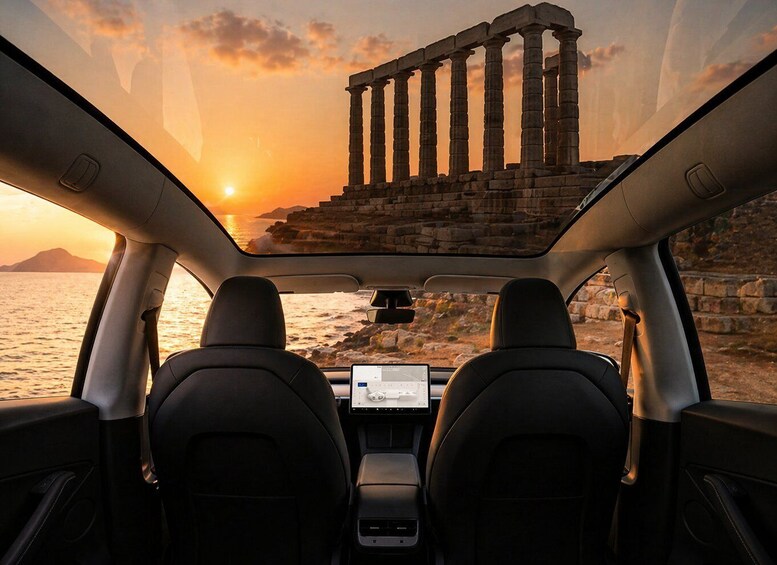 A car interior with a view of ancient Greek columns at sunset. 3