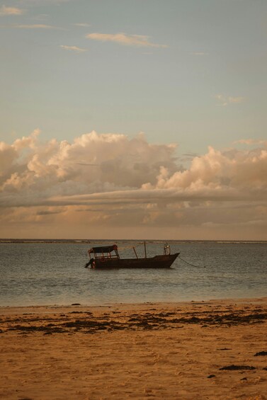 Un bateau sur une eau calme, avec une plage de sable au premier plan et un ciel nuageux. 1