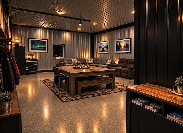 A modern living room with a wooden coffee table, sofas, and a fireplace. 1