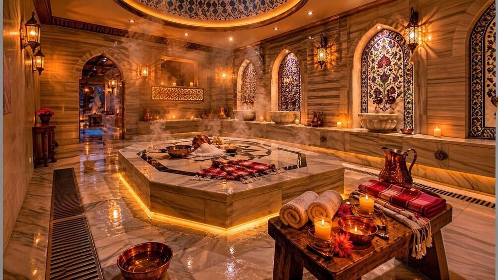 A luxurious spa with a central hot tub, ornate stained glass windows, and traditional decor. 2