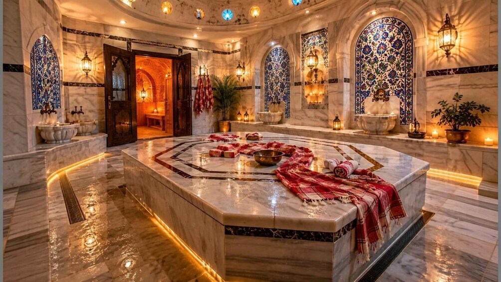 A luxurious interior with a marble fountain, ornate lighting, and intricate tile work. 3