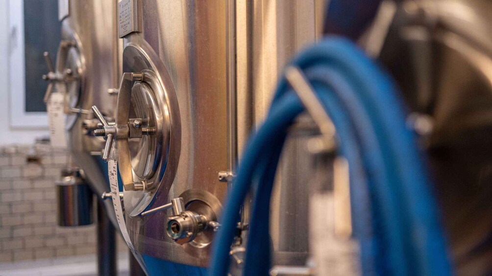 Stainless steel brewing equipment with blue hoses. 5